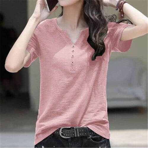 T-Shirt Female Slub Cotton 2021 Summer Fashion New Style Loose Large Size V-Neck Short-Sleeved Slim Top Trendy 301