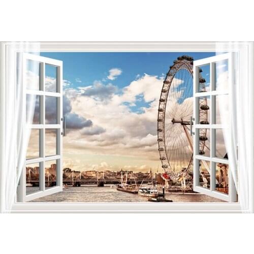Ferris wheel at dusk Wall Sticker fake window Bedroom living room home decoration Mural wallpaper art 3D landscape stickers