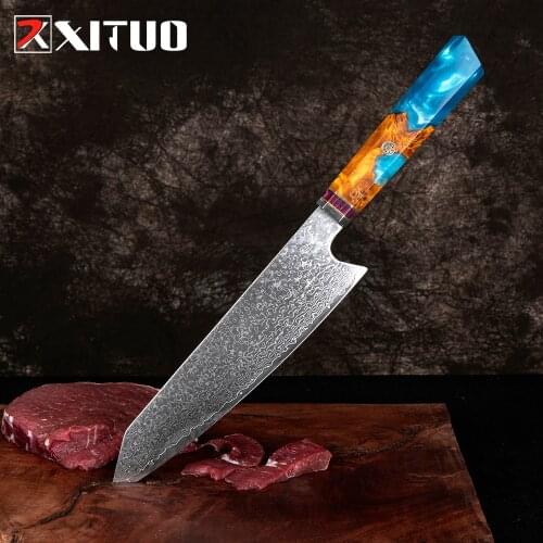 XITUO Damascus Kitchen Knife Japan VG10 Steel Professional Kiritsuke Chef Knife Octagonal Blue Resin Handle New Cleaver Gift Hot