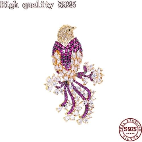 S925 Silver Needle Fashion Jewelry, High Quality Retro Bust Color Zircon Animal Bird Accessories, Charming Female Brooch