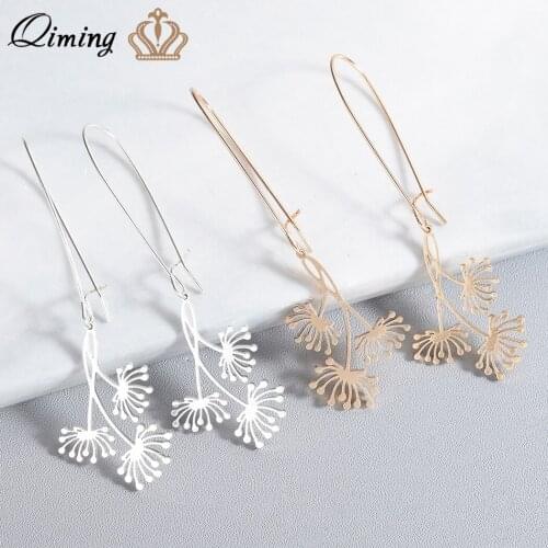 QIMING Gold fashion Flower Dangle Earrings Women Korean Bohemia Jewelry Stainless Steel Floral Long Drop Earring Female Gift