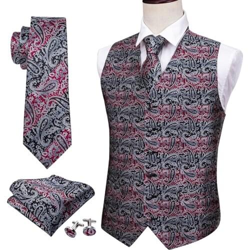 Men Formal Waistcoat Summer V-neck Vests Slik Paisley Necktie Gray Tie Handkerchief Cufflinks Set for Tuxedo Barry.Wang MJ-2005
