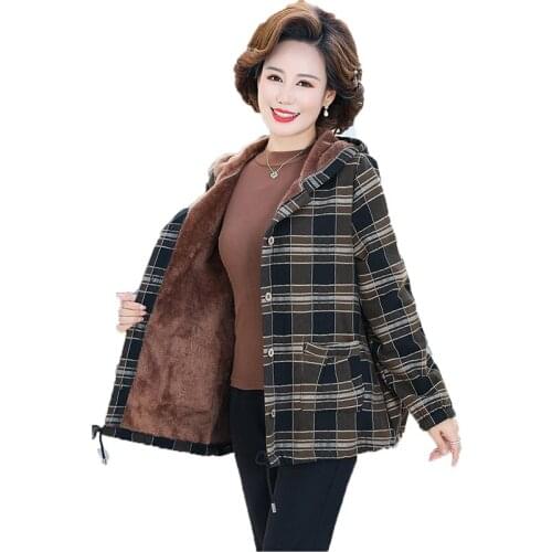 New 2020 Winter Jackets Middle-aged and Elderly Womens Coat Thin Light Plus Velvet Cotton Linen Warm Lattice Jacket Outwear 5XL