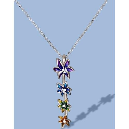 925 Silver Necklace for Women Exquisite Blue Flower Four-flower Epoxy Necklace Handmade Enamel Womens Sweater Chain Pendant