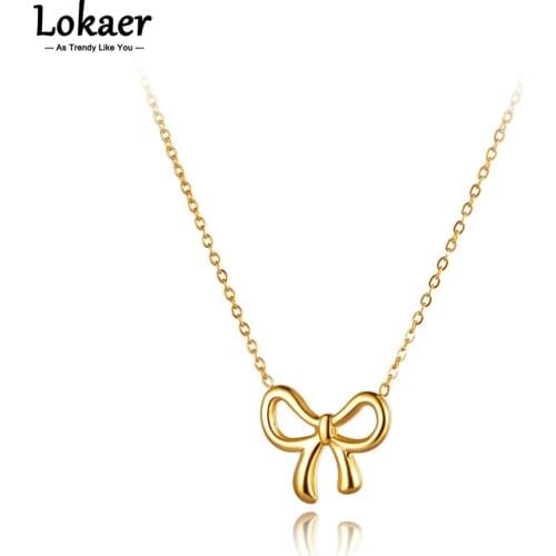 Lokaer Fashion Titanium Stainless Steel Bowknot Charm Pendant Necklaces Jewelry Bohemia Party Necklace For Women Girls N21152