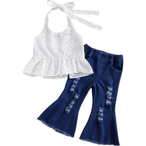 2021 Fashion Toddler Infant Baby Girl Casual Outfits Sleeveless Hollow Out Tops+Denim Flared Long Pants Girls Clothes Set