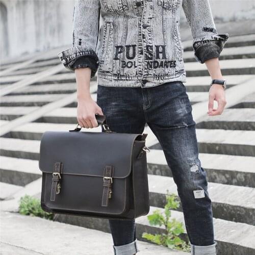 Retro luxury natural crazy horse leather mens large-capacity notebook business handbag lawyer shoulder messenger briefcase