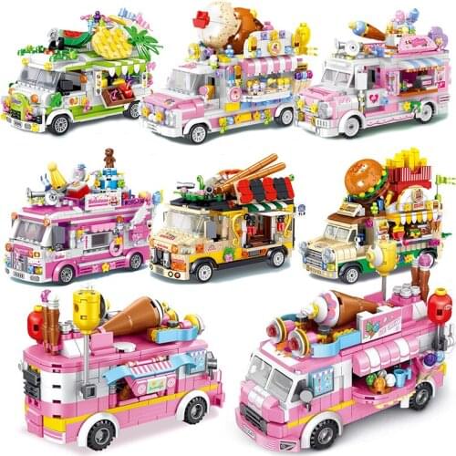 Girls Ice Cream Sets Model Building Blocks Kits Bricks Kids Toys Racing Super City Vocation Vehicle Hot Dog Camping Car Friends