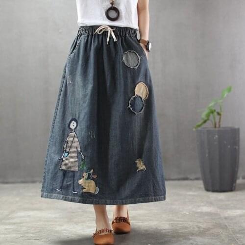 Spring Summer Arts Style Women Elastic Waist Loose A-line Long Skirts Patchwork Embroidery Cartoon Vintage Denim Skirt M118