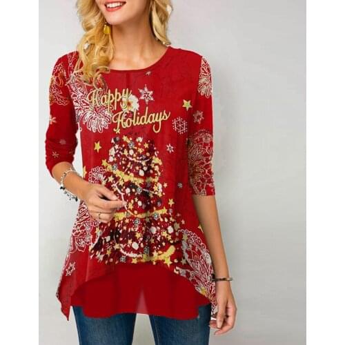 Women Christmas Tree Printed T Shirt Long Sleeve Female Christmas Tee Shirt Festive Clothing Casual Ladies Tops Camiseta Mujer