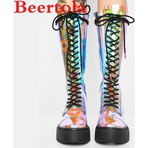 PVC Reflective Colors Womens Boots Mid-calf Platform Zip Dress Boots Women Large Size Stage Performance Round Toe Botas Mujer