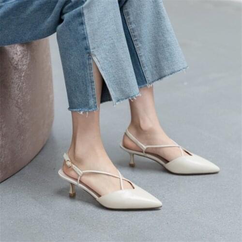 Women Sandals Genuine Leather Cowhide Thin Heels Pointed Toe Cross Buckle Retro Middle Heels Sexy Ladies Shoes Spring Summer