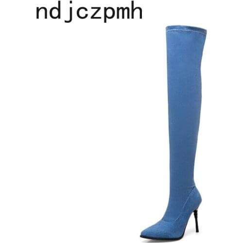 Womens Boots The New winter fashion Flock Pointed High heel Over the knee Womens shoes plus size 31-50 Heel Height 10cm
