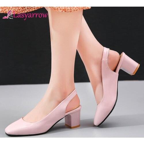 Lasyarrow 2020 Women Sandals Concise Square Toe Fashion Square High Heel PU Leather Slingback Shallow Summer Ladies Shoes