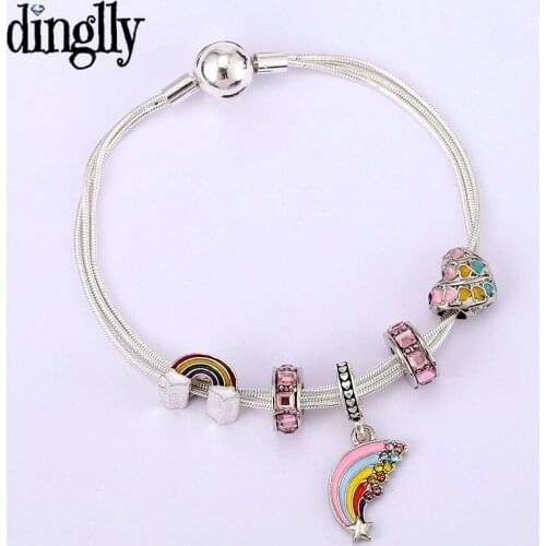Dinglly New Meteor Rainbow Dangle beads Charm Bracelets For Women Original Beaded Multi Snake Chain Silver Color Bracelet Gift