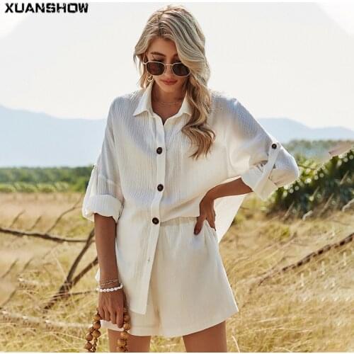 XUANSHOW Two Piece Set Women Casual Cotton Linen Female 2021 Summer Long-sleeved Loose Long Shirts and Shorts Suit Sets White