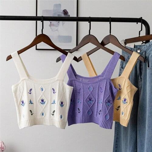 Women Knitted Crop Camis Top Ladies Floral Embroidery Knitted Short Vest Summer 2020 Vintage Tank Crop Camis Top