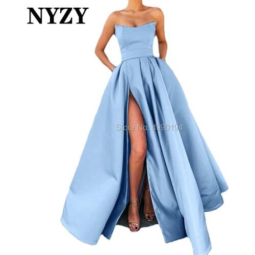 Sky Blue High Slit Satin Sharp Sweetheart Long Prom Dresses 2019 NYZY P74 Evening Gown Formal Dress Women Elegant Robe de Soiree