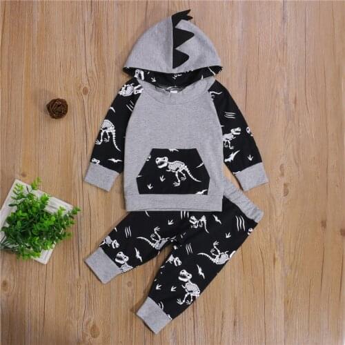 2pcs Baby Boys Novelty Suit Dinosaur Pring Outfit Long Sleeve Hooded Sweatshirt + Cartoon Printing Pants 0-18 Months