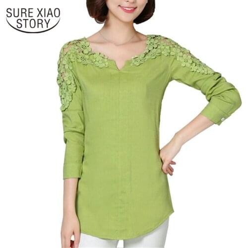 2021 New Camisas Femininas Lace Sleeve Blouse Shirt Women V-Neck Floral Lace Sexy Casual Linen Shirts Plus Size Lady Shirt 185B