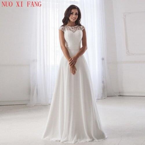 2020 Scoop Neck Lace Wedding Dresses Sleeveless Pleats Belt Chiffon Beach Wedding Bridal Gown Robe De Soiree Open Back Casamento