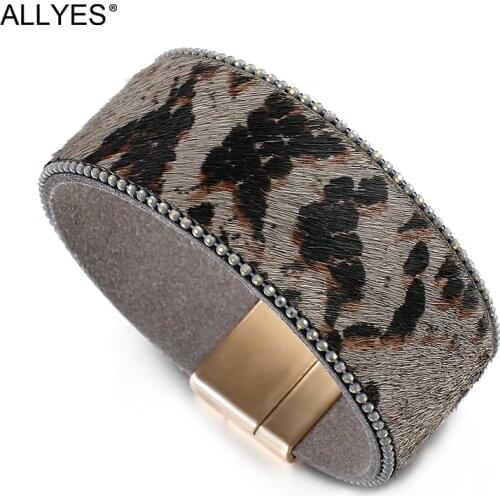 ALLYES Leopard Fur Genuine Leather Bracelets for Women Bohemian Hairy Wide Wrap Bracelet Female Fashion Jewelry