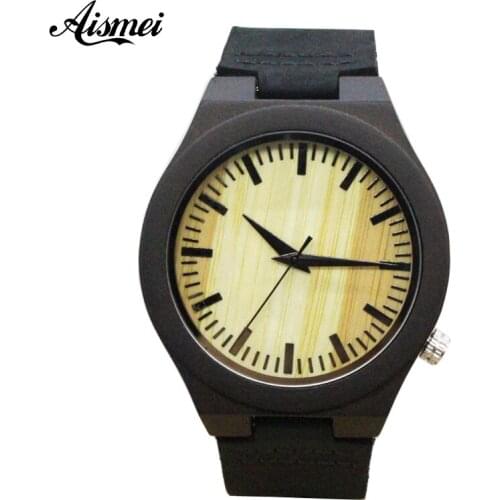 2018 Fashion Black Wood Watch Men Women Genuine Leather Band Quartz movement Wooden Wrist watches for gift relogio masculino