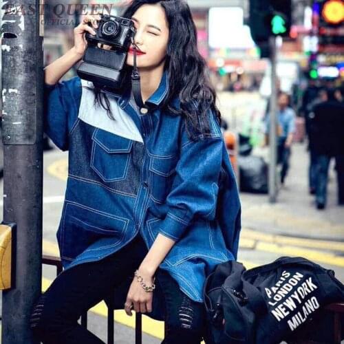 Long women jeans jacket outwear in spring casual loose patchwork jacket coat women square collar jeans tops clothing DD447 F