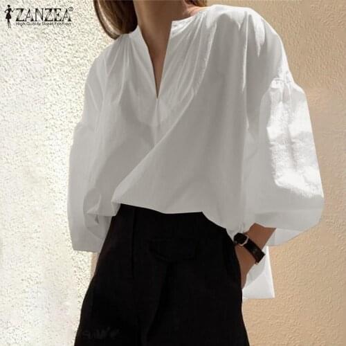 Elegant V Neck Tops Womens Summer Blouses ZANZEA 2021 Casual 3/4 Sleeve Blusas Female Solid Tunic Oversized Chemise Tunic