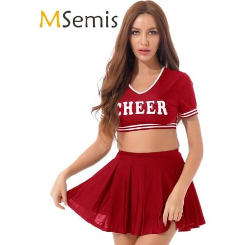 Women Cheerleading Uniform Role Play Outfit Letter Print Contrast Color Trim V Neck Short Sleeve Crop Top with Pleated Skirt