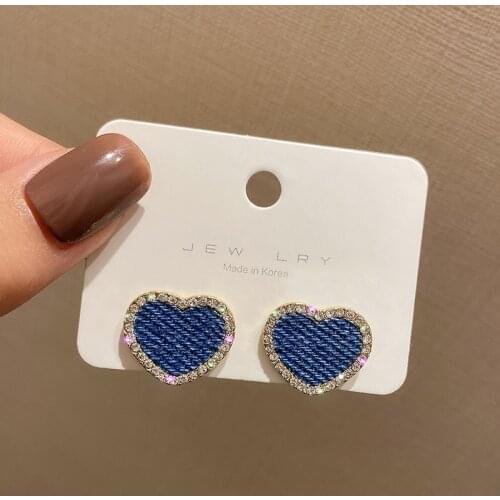 LOVOACC Sweet Blue Color Love Heart Denim Earrings for Women Spark Rhinestones Heart Cloth Small Stud Earrings Korean Jewelry