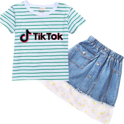 TIK TOK Fashion Dress for Girls Childrens Clothes Kids Dresses Baby Girls Costume Summer T-Shirt + Skirt Set