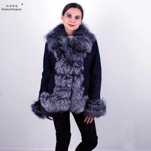 Linhaoshengyue Fashion Lady Cowboy Coat with Real Fox Fur Collar and Fox Fur Cuff Mink Fur Linink Linink Collar Can Remove