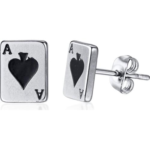 Fashion Ace of Spades Stud Earrings for Men Boy Stainless Steel Poker Player Cards Lucky Earring Punk Male Jewelry