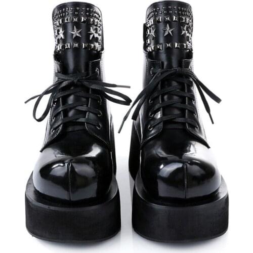 Fashion Women Lace Up Round Toe Thick Platform Shoes Gothic Rivet Ankle Boots High Top Genuine Leather Riding Boots Plus Size