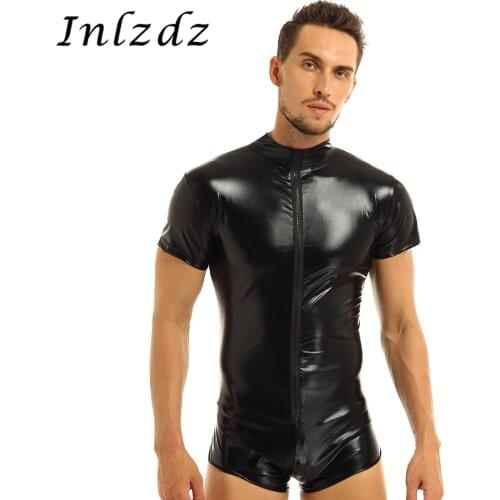 Mens Erotic Lingerie Latex Bodysuit Underwear Faux Leather Zipper Night Clubwear One-piece Leotard Bodysuit Underwear for Sex