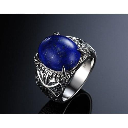100%925 Sterling Silver Mens Simple Personality Domineering Retro Fashion Natural Lapis Lazuli Ring