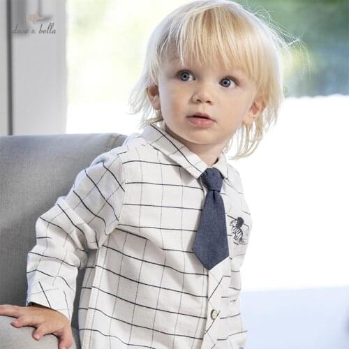 DBX18608 dave bella autumn fashion baby boys removable tie plaid shirts infant toddler tops children high quality clothes