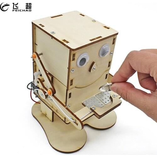 DIY STEAM Toys Environmental Wood Model Coin Swallowing Robot Puzzle Toy Technology Science Education Kit Toys For Boy Kids