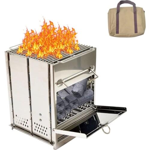 Camp Stove, Picnic BBQ Cooker, Stainless Steel Potable Folding Stove,Coal and Wood Burning for Outdoor with Handle Bag