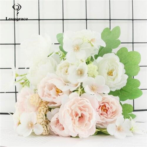 Rose White Silk Bouquet Peony Artificial Flowers DIY Bride Wedding Home Decoration Fake Flowers Faux Christmas Roses Flowers