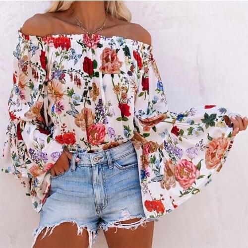 Off Shoulder Women Chiffon Blouse 3/4 Flared Sleeve Sweet Floral Print Womens Loose Blouses Ladies 2021 Summer Boho Top Clothes