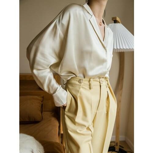 100% Silk Shirt Blouse Women long-sleeved shirt high-end business champagne wear silk top Spring Summer Silk Shirt Blouse