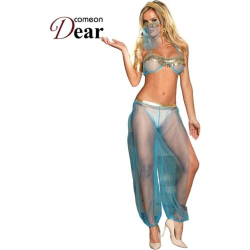 Comeondear Blue India Style Sexy Bralette Lingerie Set Women Transparent Exotic Apparel Bra Set Halter headband Robe RA80437