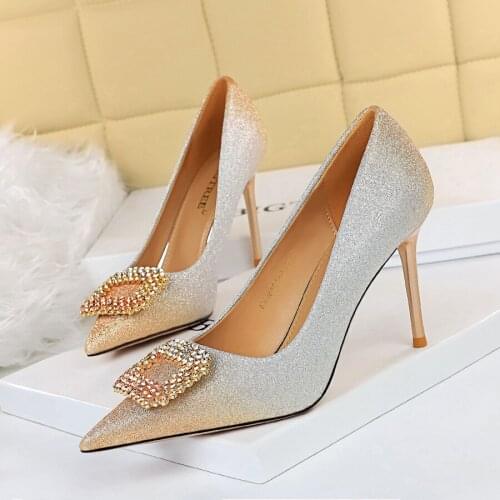 Korean Style Sexy Party High Heels Stiletto Heel Shallow Mouth Pointed Toe Color Gradient Rhinestone Buckle Pumps