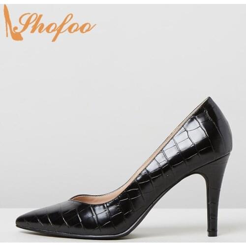 Black Pumps Woman Thin Heels Croc Textured Pointed Toe Super High Stilettos Ladies Fashion Mature Shoes Big Size 12 14 Shofoo