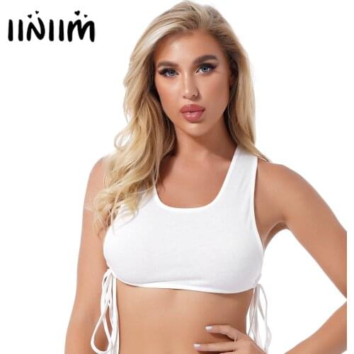 Womens Racer Back Crop Vest Tops Pure Color Round Neck Racer Back Tees Tops Sleeveless Straps Self Tie Sides Closure Clubwear