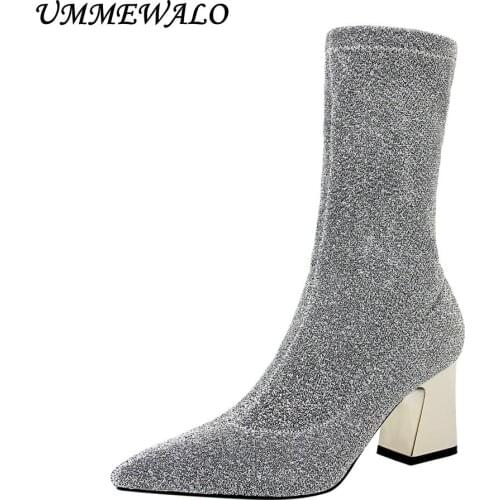 UMMEWALO Pointed Toe Stretch Sock Boots Women Fashion High Heel Shoes Elastic Ankle Boots Winter Ladies Shoes