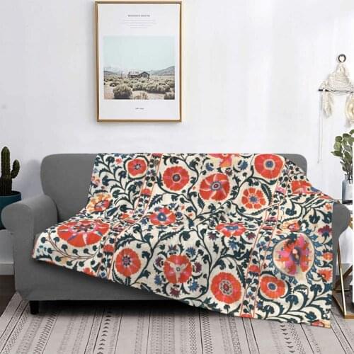 Uzbekistan Antique Floral Embroidery Bohemian Blanket Flannel Printed Lightweight Throw Blanket for Bedroom Car Bedspreads