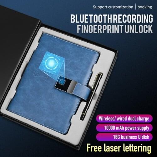 High Quality Gift Set Power Bank 10000mah Bluetooth Recording Planner Wireless Charging Business Notebook With Fingerprint Lock